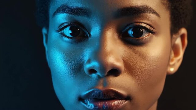 This captures a close-up of a young individual with a contemplative expression. The person's face is illuminated with a soft blue light, creating an intimate and thoughtful mood.