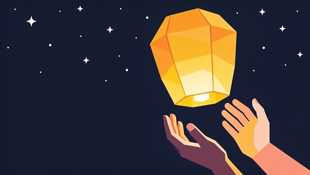 Vector illustration of hands releasing a glowing sky lantern into a starry night sky during a festival