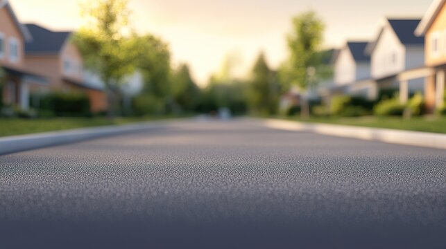 Blurred residential street background, houses, trees