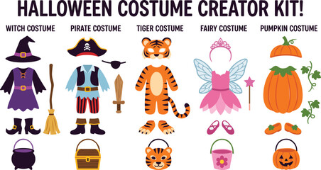 Fototapeta premium Halloween costume creator kit with witch, pirate, tiger, fairy, and pumpkin outfits and accessories