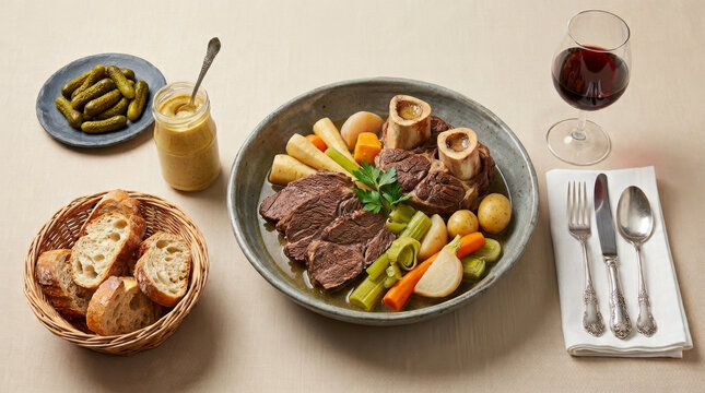 Traditional French Pot-au-feu with beef, bone marrow, and cooked vegetables, served with artisanal bread, pickles, and a glass of red wine.