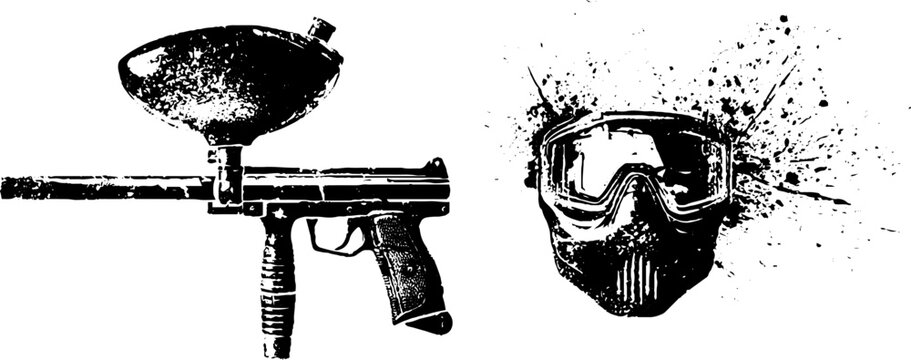 Grunge black and white paintball gun and mask stencil with splatter for sports poster and background design