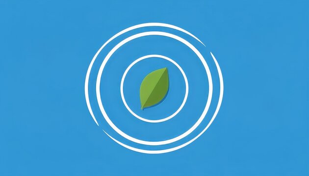 Abstract minimalist green leaf symbol inside concentric circles on a vibrant blue background representing nature and growth