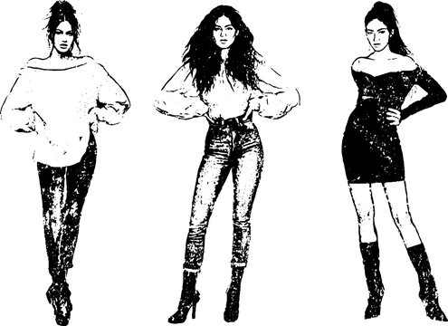 Black and white grunge stencil fashion silhouettes set of three women for street style poster background and apparel design