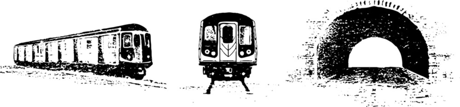 Black and white subway train side and front stencil illustration trio for banner and background design with distressed grunge texture