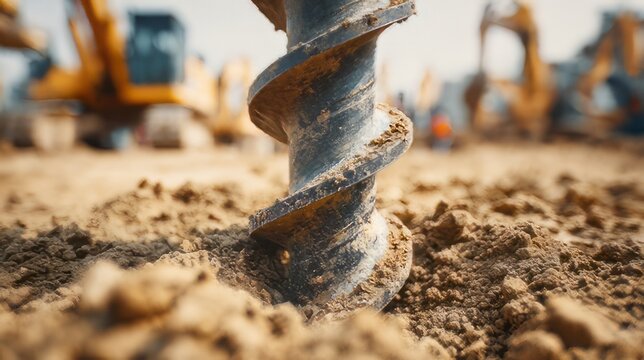Industrial auger drill bit piercing through the ground at a busy construction site. Heavy duty steel spiral earth auger drill bit operating in loose soil and dirt