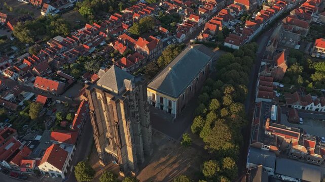 Aerial view of zierikzee city and sint lievensmonstertoren at sunset