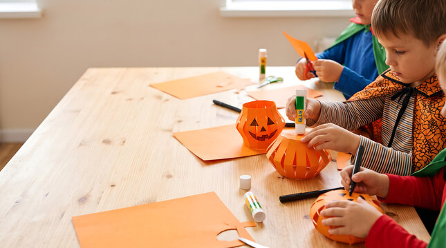 Creative Children Crafting Halloween Paper Pumpkins Together