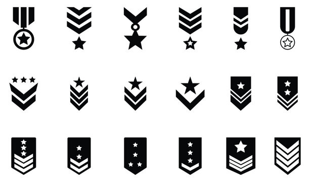 Collection of military rank icons featuring various sergeant stripes. Major officer, colonel emblem, soldier sergeant, constable position, and more. Sergeant and officer chevron badges with stars. 