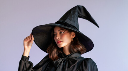 Fototapeta premium Cropped view of an Asian woman in a purple witch hat and matching blouse with a bow tie face angled away from camera against a bright clean well lit lavender background halloween office