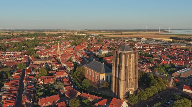 Zierikzee cityscape aerial view with sint lievensmonstertoren at sunset