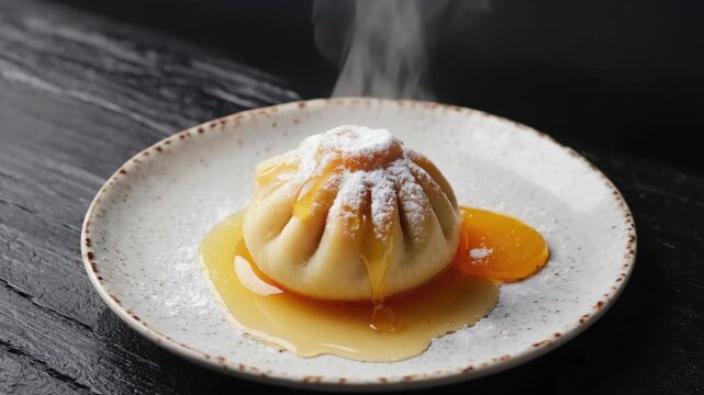 Delicious crepe dessert on white plate with powdered sugar and maple syrup.