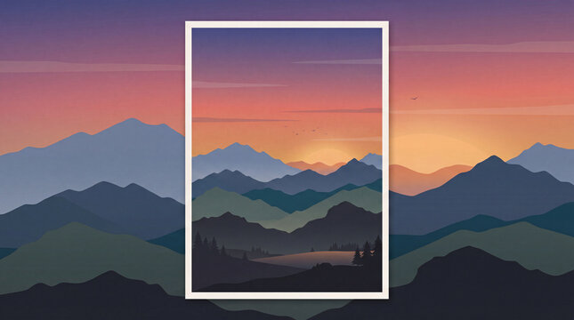 Minimalist flat vector illustration of a mountain landscape at sunset with a white rectangular frame overlay, modern graphic design, creative background, peaceful travel template.