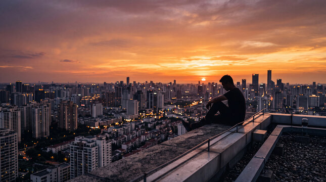 A lonely man sits on the edge of a high rooftop looking at a scenic sunset over a huge city skyline, evening contemplation time, urban lifestyle concept, peaceful freedom moment.