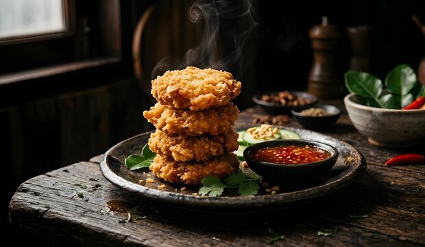 Traditional Thai crispy deep-fried shrimp cakes (Tod Mun Kung) served with sweet plum dipping sauce