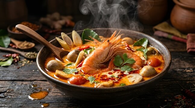 Spicy Thai Tom Yum seafood soup with prawns, mushrooms, and herbs