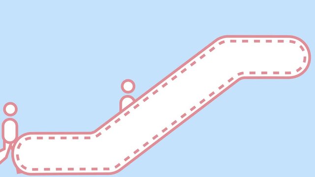 Flat vector 2D animation of minimalist human icons ascending an escalator. The people rise up along the white pathway with pink outlines on a light blue background. 
