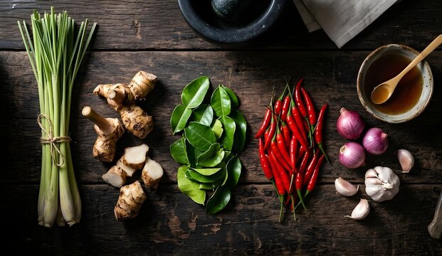 Fresh Thai cooking ingredients, kaffir lime leaves, galangal, and red chili peppers on wood