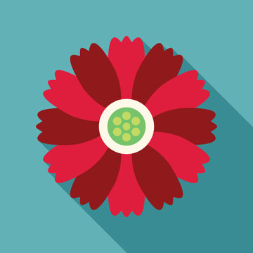 Red flat design flower illustration showing a long shadow on a blue background