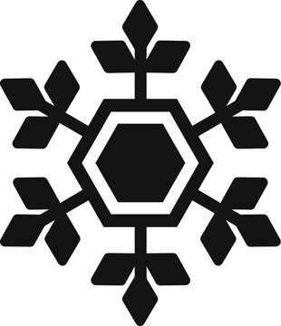 Snowflake geometric vector icon in black, symbolizing winter weather, frost, and ice