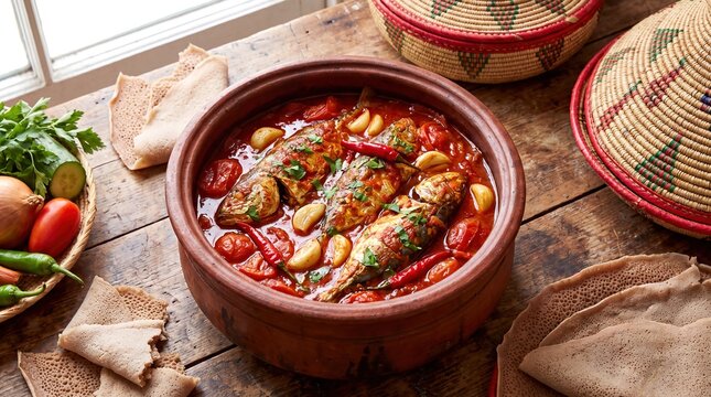 Rustic Eritrean Tsebhi Asa Spicy Mackerel Stew Served with Injera Bread in Clay Bowl