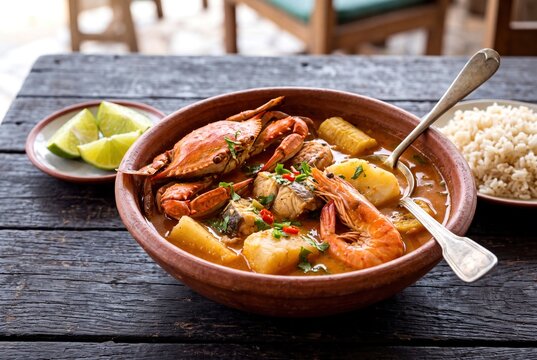 Traditional Ivory Coast Soupe de Pecheur Sour Mixed Seafood Soup with Crab and Shrimp