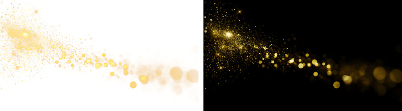 Golden Bokeh Cascade With Starbursts, Glitter Dust and Horizontal Light Trail on Transparent Background