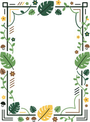 Fototapeta premium Cute Jungle Botanical Border Frame Flat Design - Tropical Leaf Frame with Greenery and Floral Elements for Layout