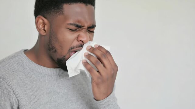 A man in a gray sweater using a tissue to blow his nose.