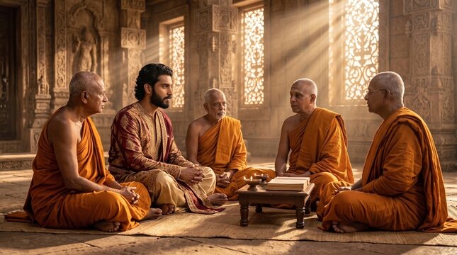 Ancient city, a man having a conversation with Buddhist monks