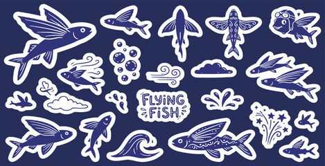 Fototapeta premium A collection of blue and white cartoon stickers featuring various flying fish, ocean elements like waves and bubbles, and weather symbols such as clouds and wind.