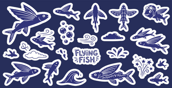 A collection of blue and white cartoon stickers featuring various flying fish, ocean elements like waves and bubbles, and weather symbols such as clouds and wind.