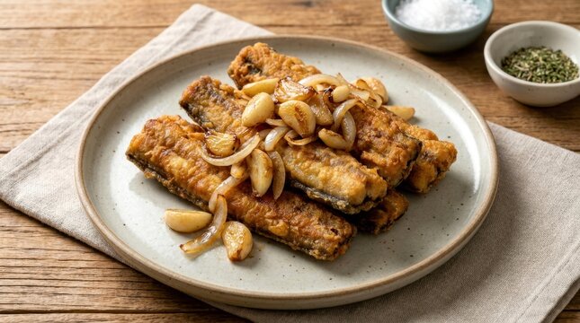 Traditional Cape Verdean Moreia Frita Crispy Fried Sea Eel Served with Garlic and Onions on a Plate