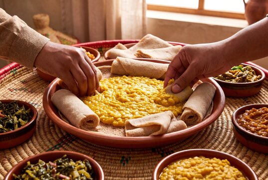 Ethiopian Kik Alicha Yellow Split Pea Stew Served with Injera Flatbread and Shared Family Style
