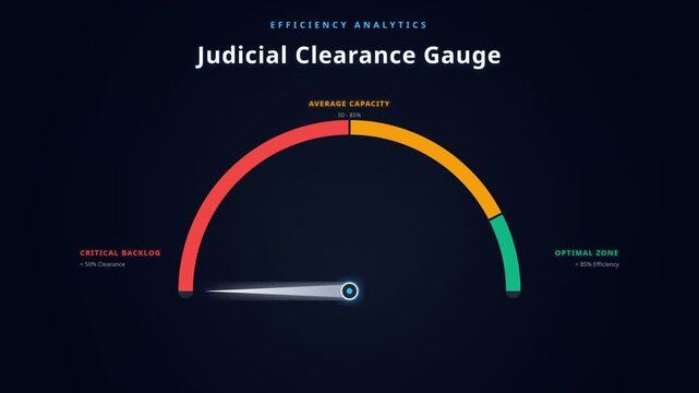 Digital gauge interface visualizing judicial clearance rate case management statistics, for data analysis, legal workflow efficiency, productivity tracking, administrative performance