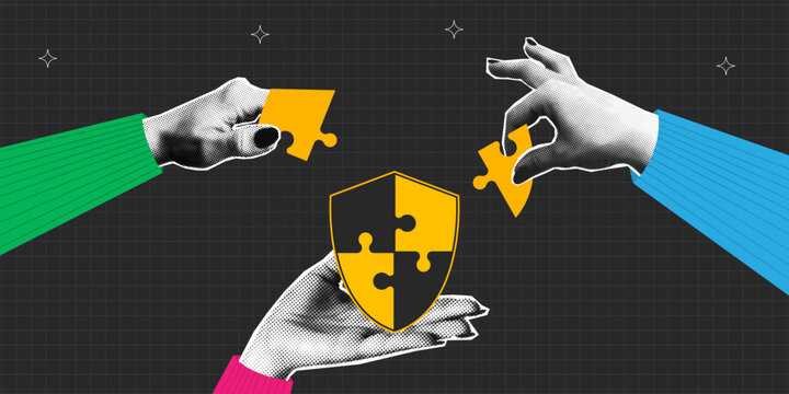 Halftone hands holding and connect puzzle pieces into shield. Collage banner with security shield made of jigsaw puzzles. Concept of safety, protection and teamwork. Vector.