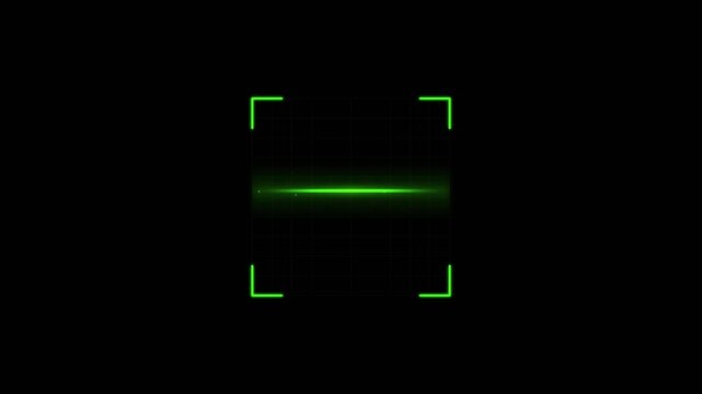 Futuristic green laser scanner animation, digital HUD target interface on black background, glowing scanning line for security and tech concepts
