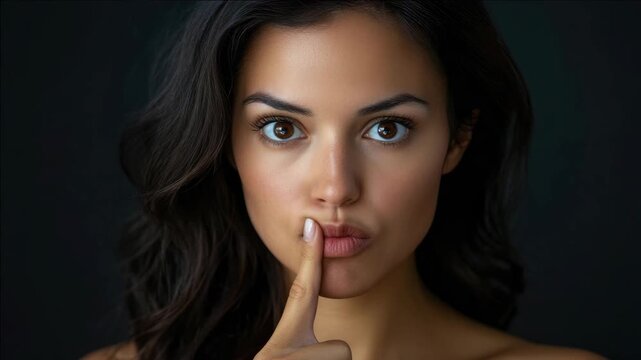 Close-up of a woman's face in silhouette against a dark background, looking directly at the camera. She has her finger over her lips, suggesting a moment of quiet or a secret.