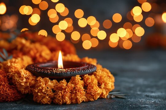 Diya lamp surrounded by fresh marigold garland with glowing lights in the background