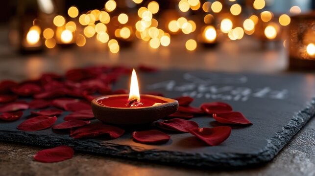 Diya lamp surrounded by rose petals on dark slate surface