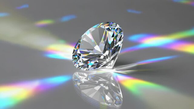 A single, clear diamond with multiple facets, reflecting a spectrum of colors on a grey, speckled surface.