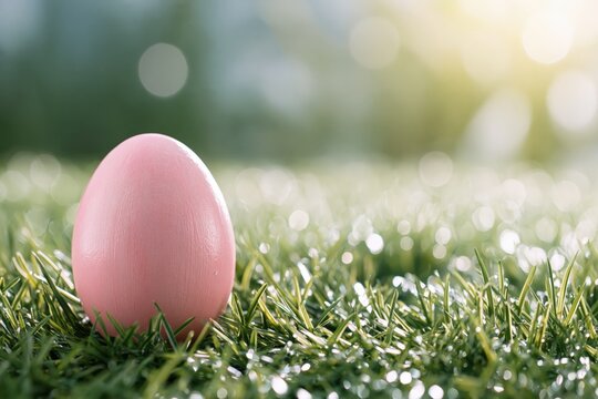 Hand painted pastel pink Easter egg on dewy green grass