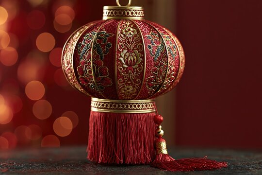 Ornate red and gold lantern on dark mahogany surface
