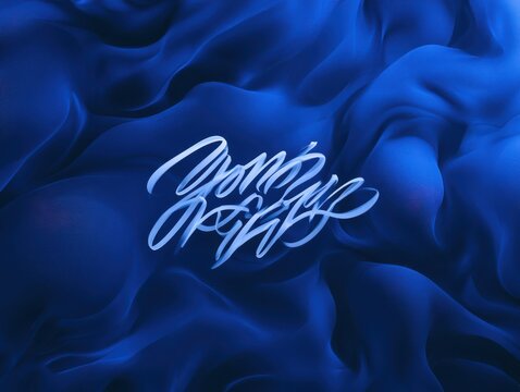 Elegant cursive signature style logo design on blue textured background