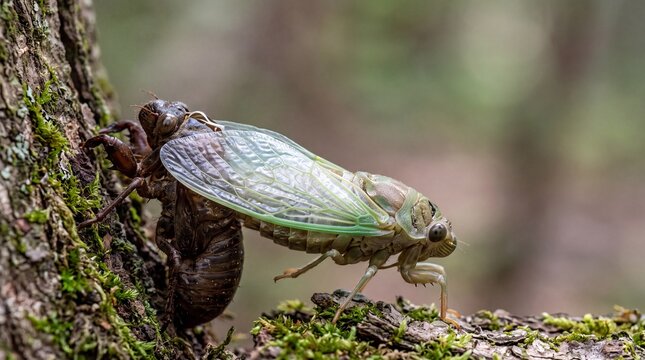 Cicada Emerging from Exoskeleton Shell During Metamorphosis