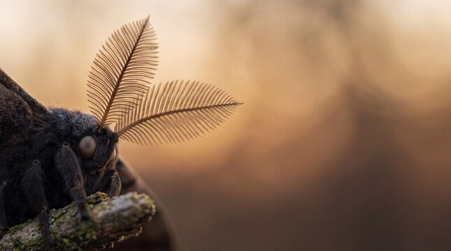 Macro Close-Up of Moth with Feathered Antennae
