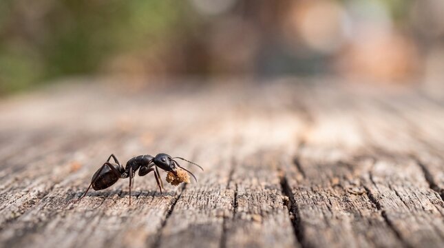 Black Ant Carrying Food on Weathered Wooden Surface