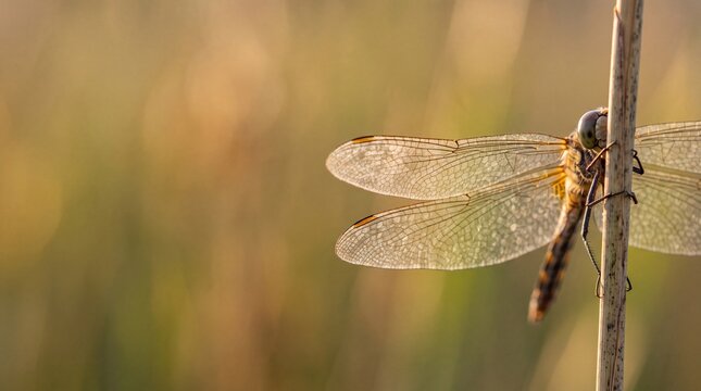 Dragonfly Perched on Stem in Golden Sunlight