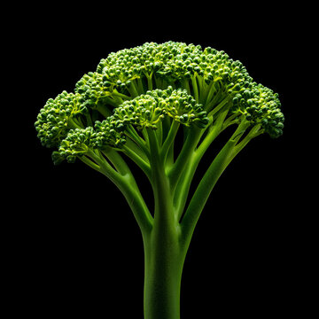 Fresh broccoli sprouting stalk isolated on black background with clipping path, concept of healthy nutrition and organic wellness