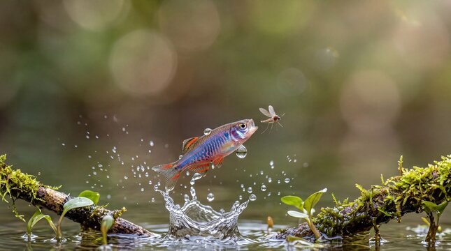 Small Fish Jumping Out of Water Catching Flying Insect